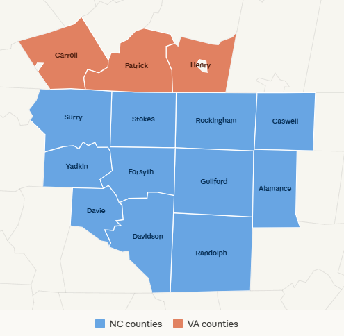 KNS LandWorx service area, Piedmont Triad NC counties and Southern VA counties